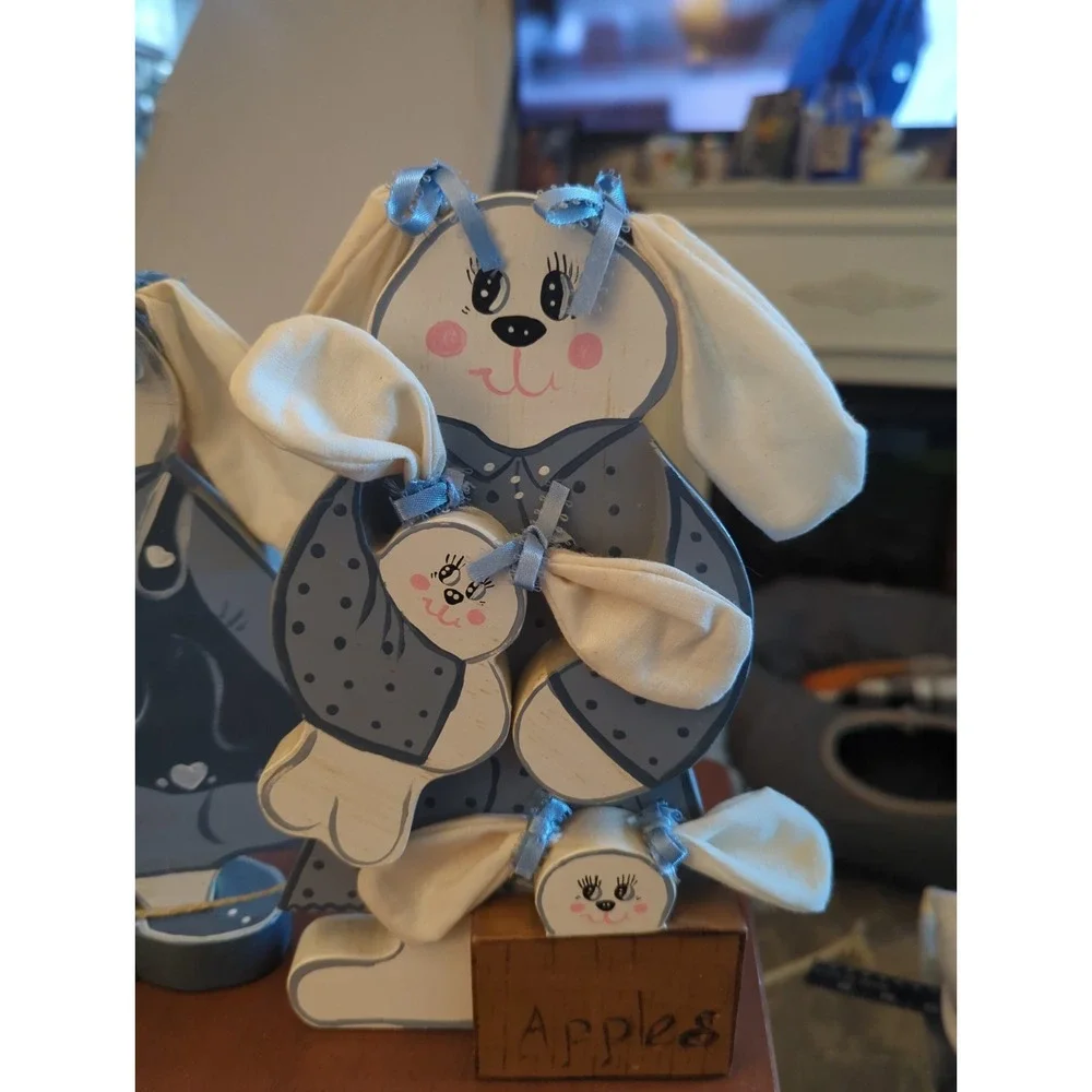 Vintage Hand painted Bunny Family Folk Art Country Cottage Core